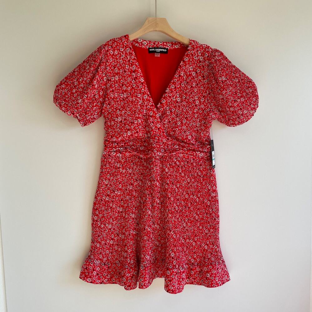 Karl Lagerfeld Paris Red Floral Pleated Mini Dress Puff Sleeve Smocked Size 16